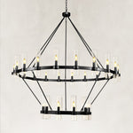 Black-finish two-ring clear glass tube chandelier with the complete fixture visible