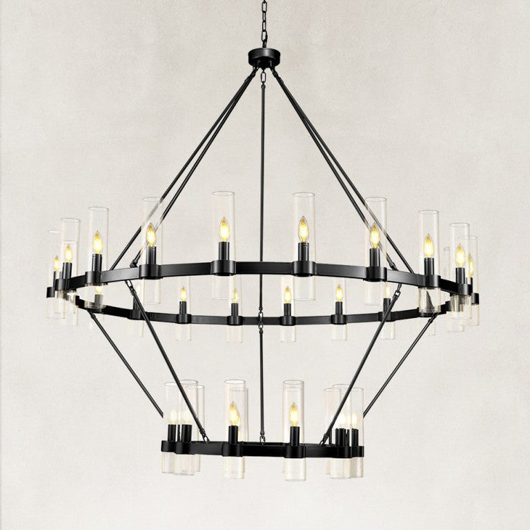 Black-finish two-ring clear glass tube chandelier with the complete fixture visible