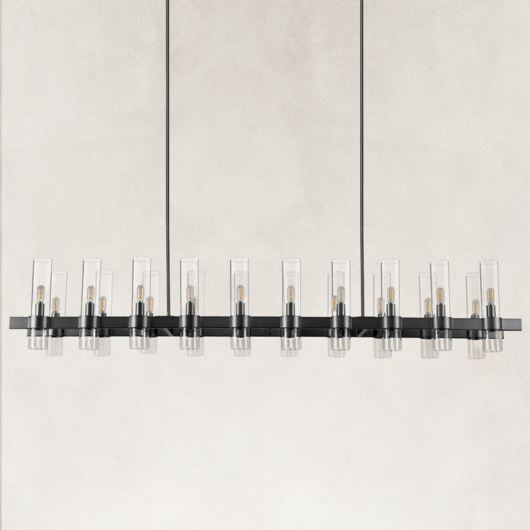 Black-finish clear glass tube linear chandelier with the complete fixture visible