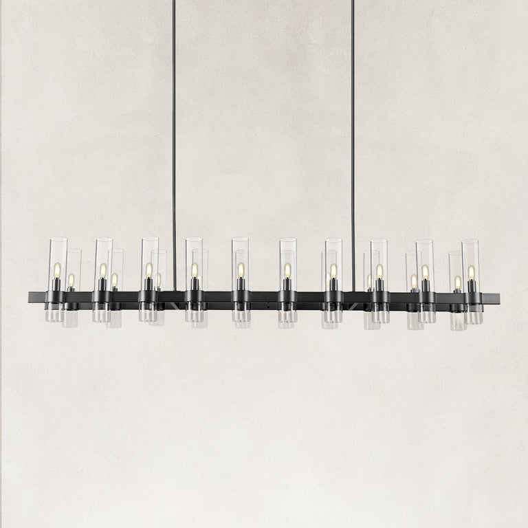 Black-finish clear glass tube linear chandelier with the complete fixture visible