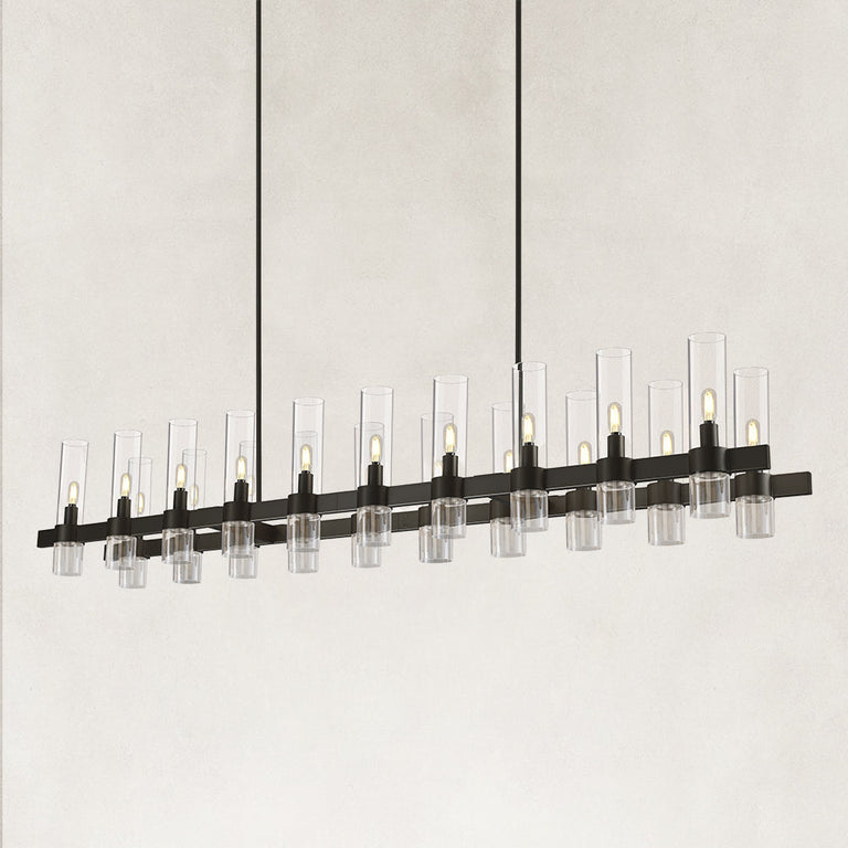 Black-finish clear glass tube linear chandelier with the complete fixture visible