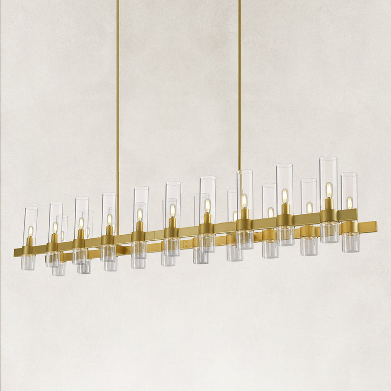 Brass-finish clear glass tube linear chandelier with the complete fixture visible