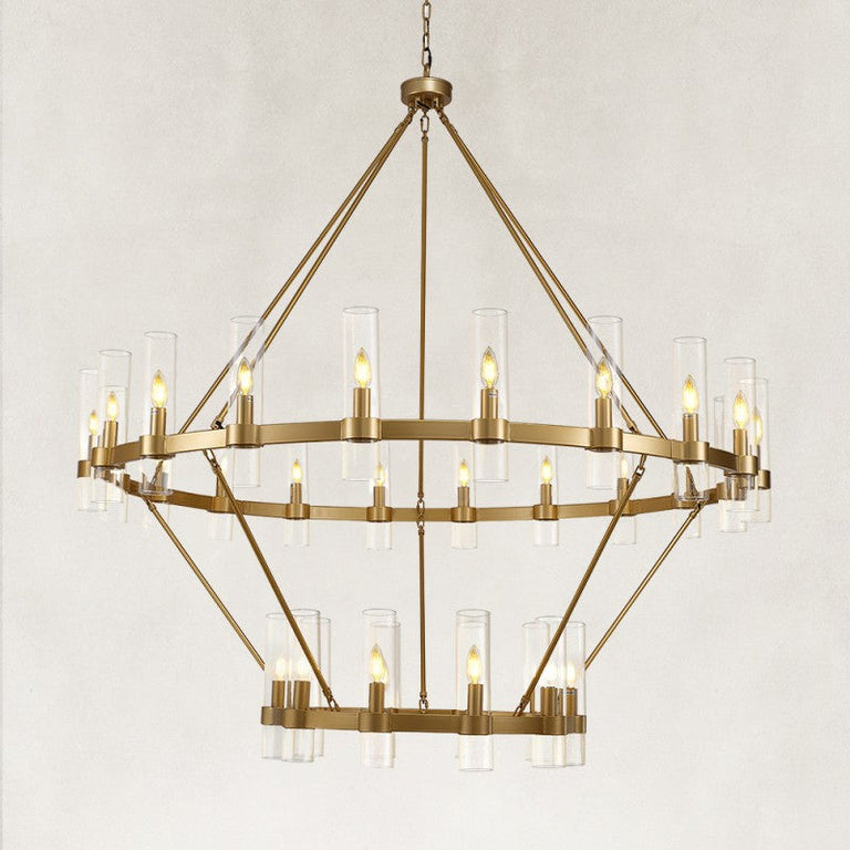 Brass-finish two-ring clear glass tube chandelier with the complete fixture visible
