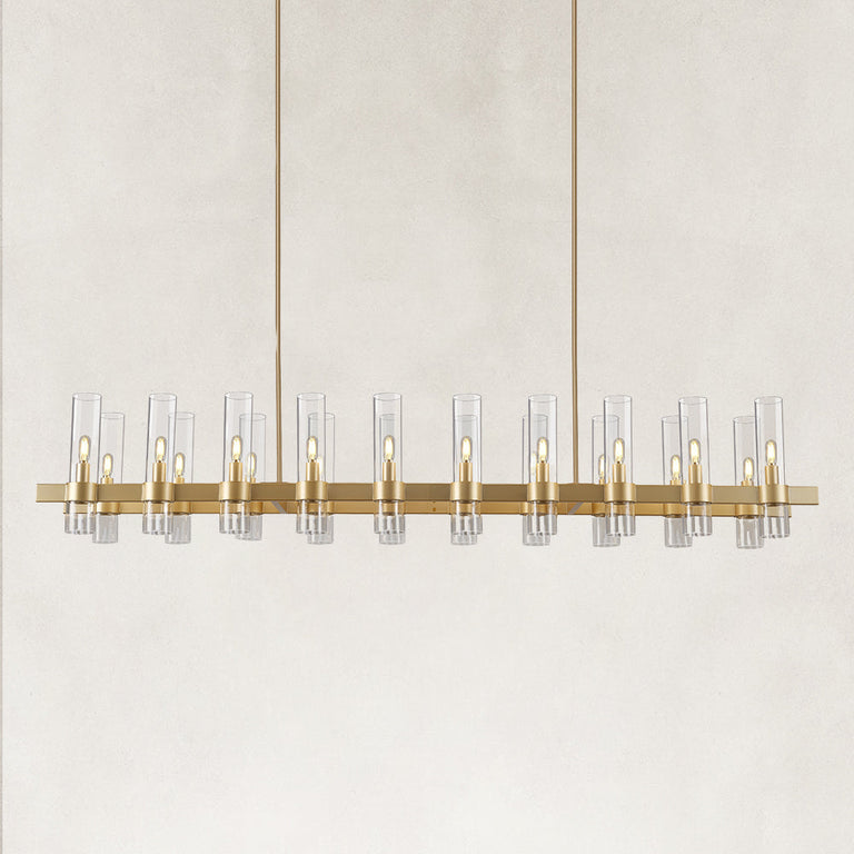 Brass-finish clear glass tube linear chandelier with the complete fixture visible