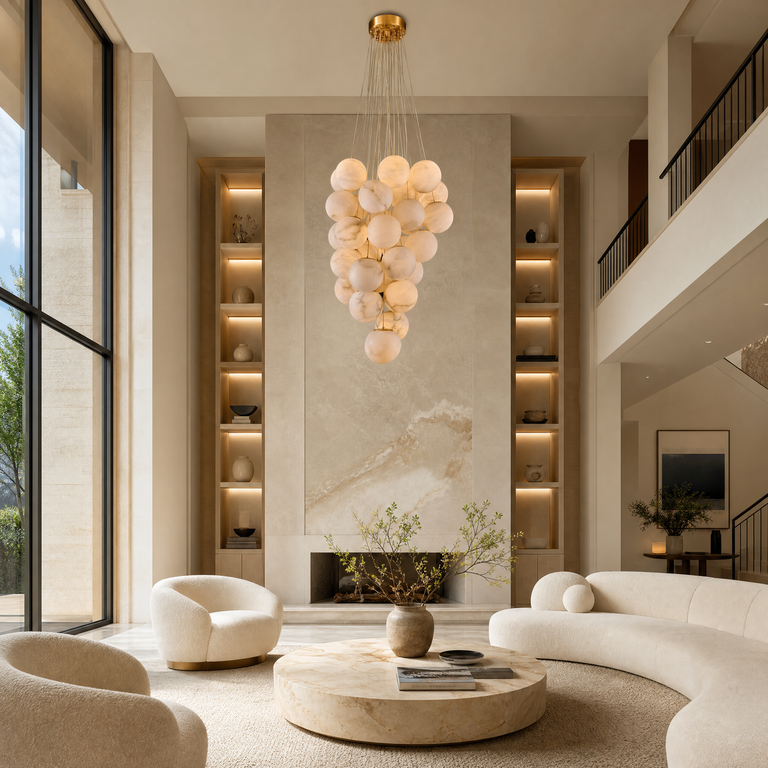 Luxury Gold & White Alabaster Globe Chandelier – 39" Diameter by Dalmivik, product or room detail view