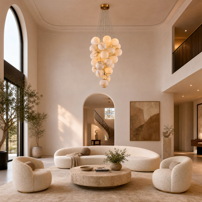 Luxury Gold & White Alabaster Globe Chandelier – 39" Diameter by Dalmivik, product or room detail view