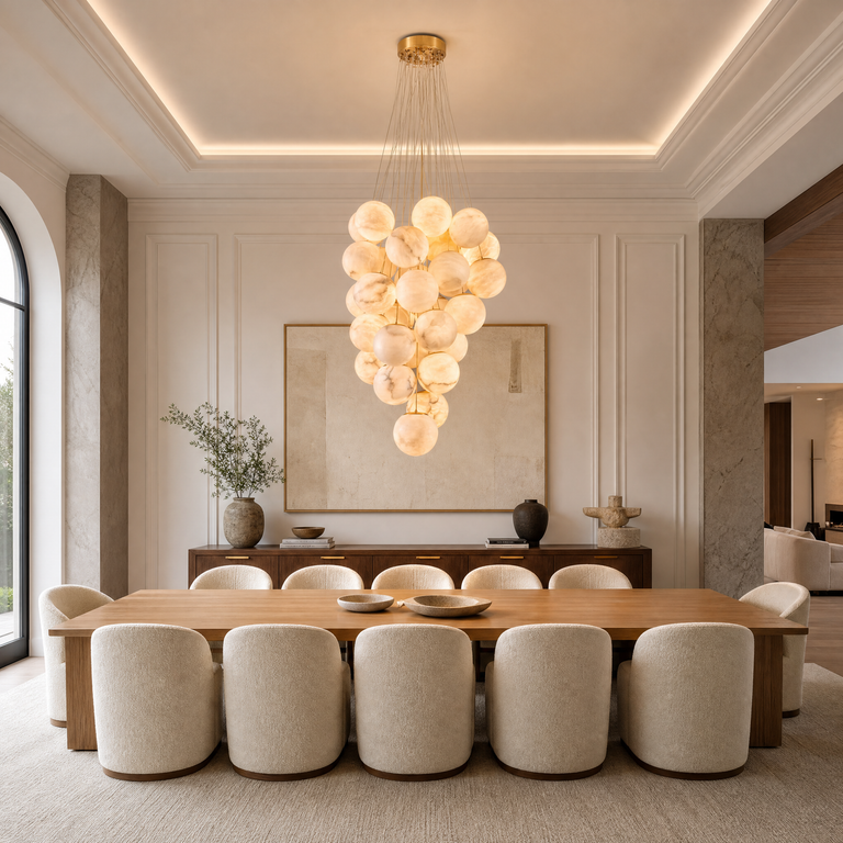 Luxury Gold & White Alabaster Globe Chandelier – 39" Diameter by Dalmivik, product or room detail view