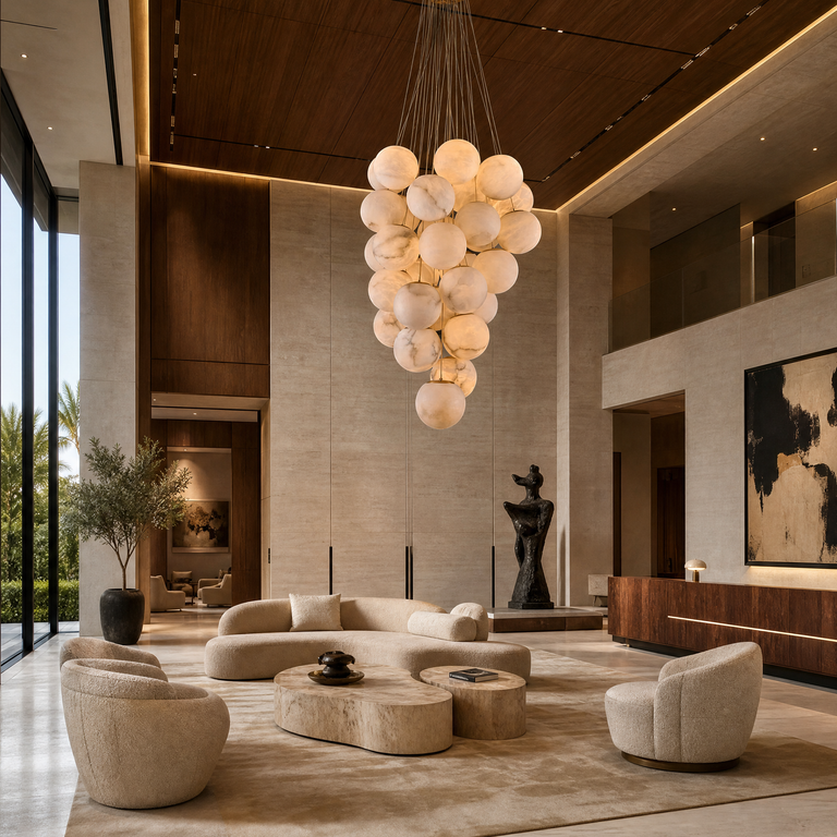 Luxury Gold & White Alabaster Globe Chandelier – 39" Diameter by Dalmivik, product or room detail view
