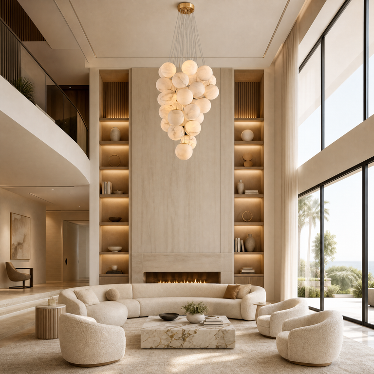 Luxury Gold & White Alabaster Globe Chandelier – 39" Diameter by Dalmivik, product or room detail view