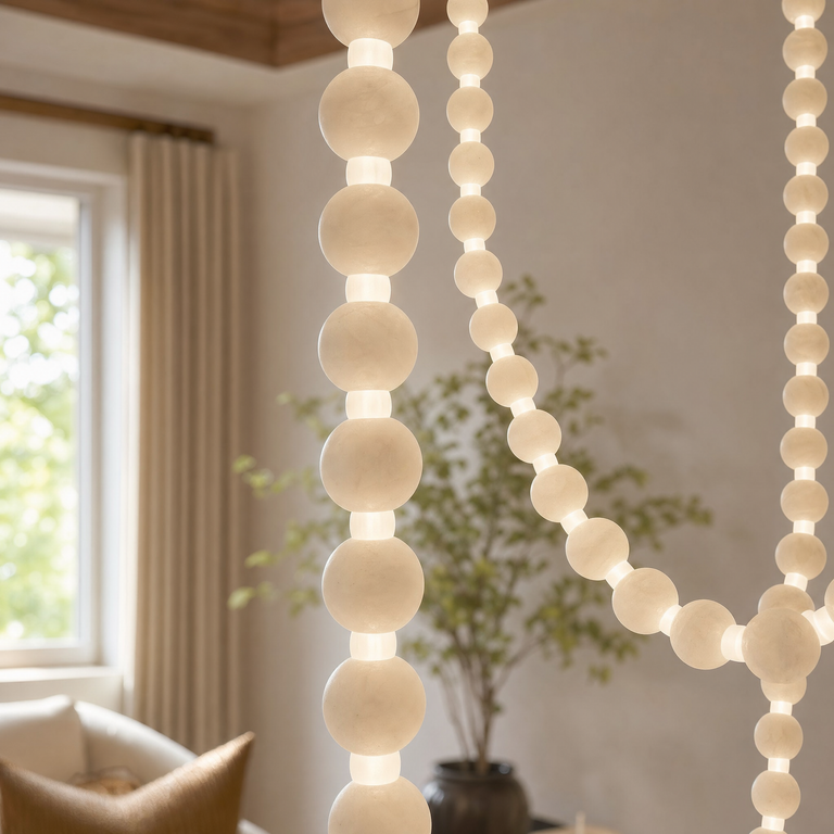 Orbita Modern Alabaster Pearl Chain Chandelier by Dalmivik, product or room detail view