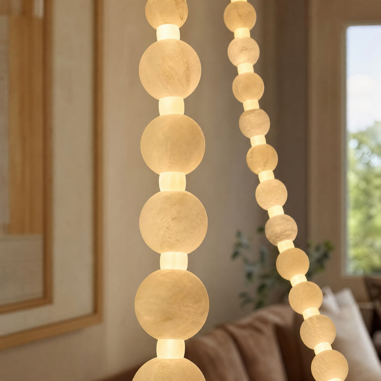 Orbita Modern Alabaster Pearl Chain Chandelier by Dalmivik, product or room detail view