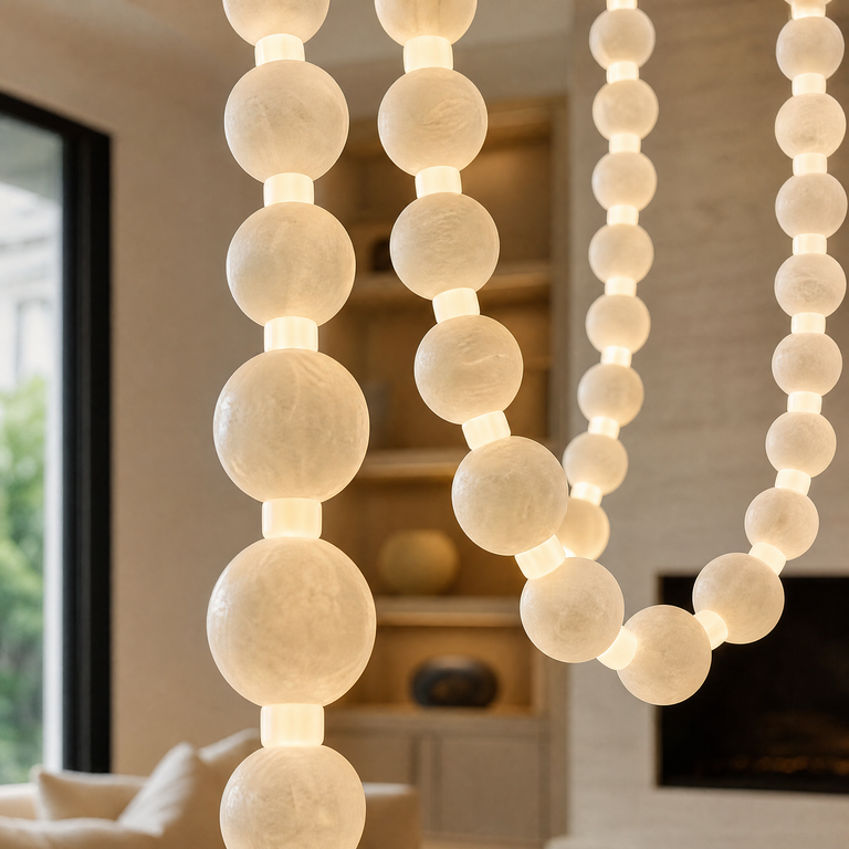 Orbita Modern Alabaster Pearl Chain Chandelier by Dalmivik, product or room detail view