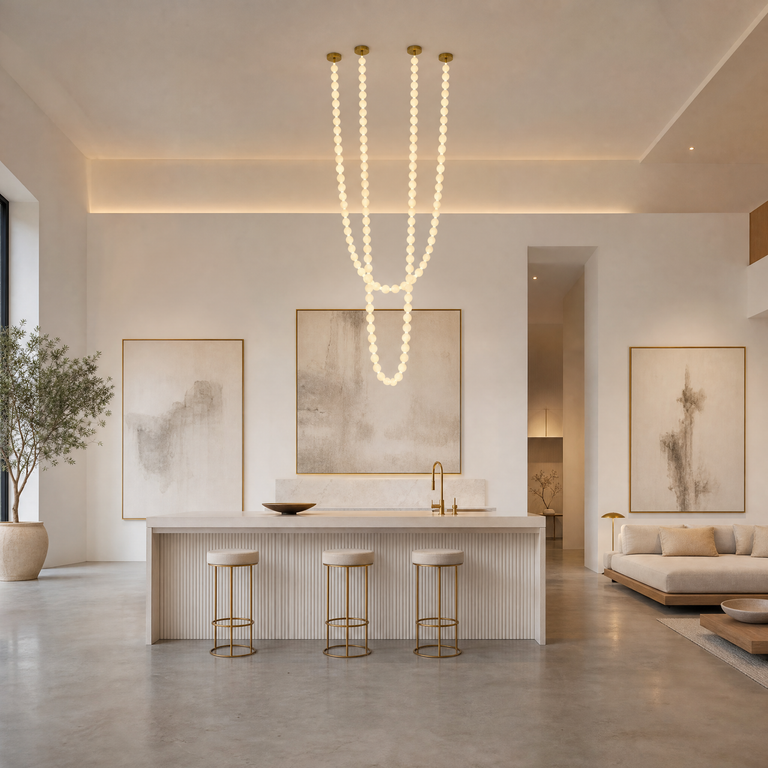 Orbita Modern Alabaster Pearl Chain Chandelier by Dalmivik, product or room detail view