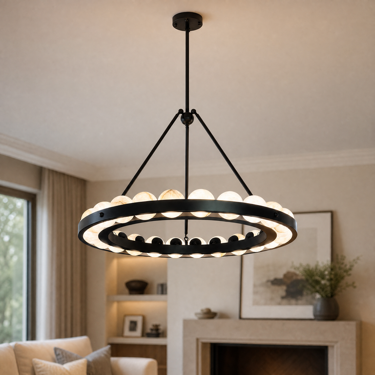 Orbita Modern Alabaster Round Chandelier by Dalmivik, product or room detail view