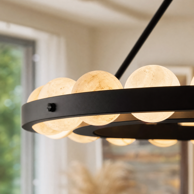 Orbita Modern Alabaster Round Chandelier by Dalmivik, product or room detail view
