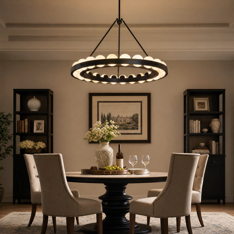 Orbita Modern Alabaster Round Chandelier by Dalmivik, product or room detail view