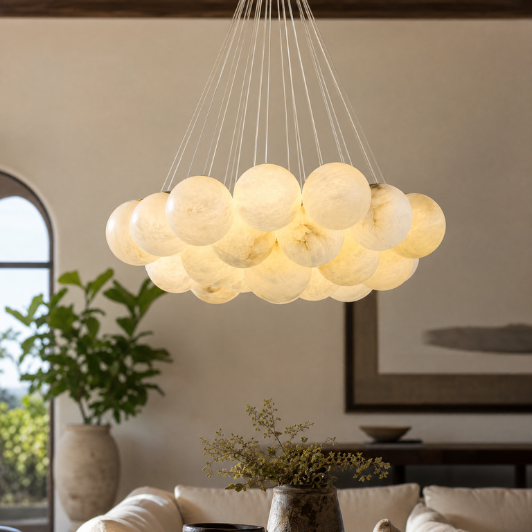 Orla Cluster Alabaster Ball Pendant Light by Dalmivik, product or room detail view