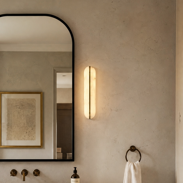 Ovale Modern Alabaster Linear Wall Sconce by Dalmivik, product or room detail view
