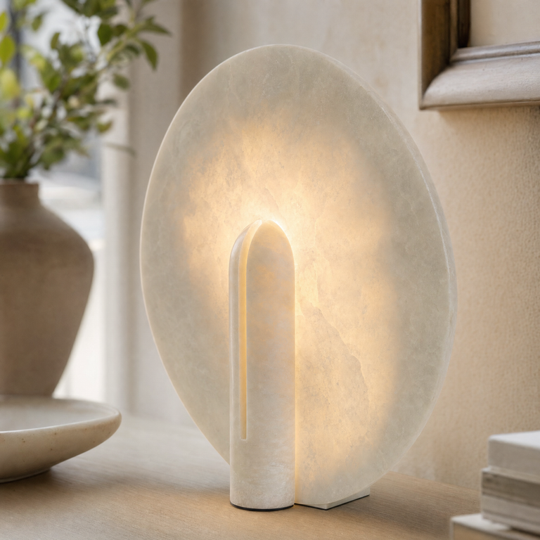 Pearl Modern Alabaster Disc Table Lamp by Dalmivik, product or room detail view