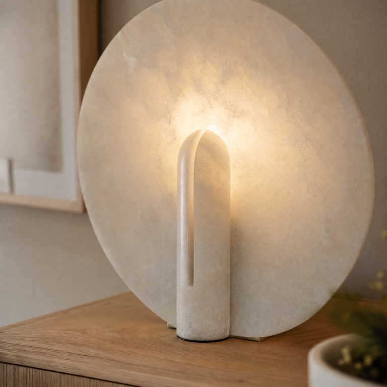Pearl Modern Alabaster Disc Table Lamp by Dalmivik, product or room detail view
