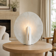 Pearl Modern Alabaster Disc Table Lamp by Dalmivik, complete fixture view