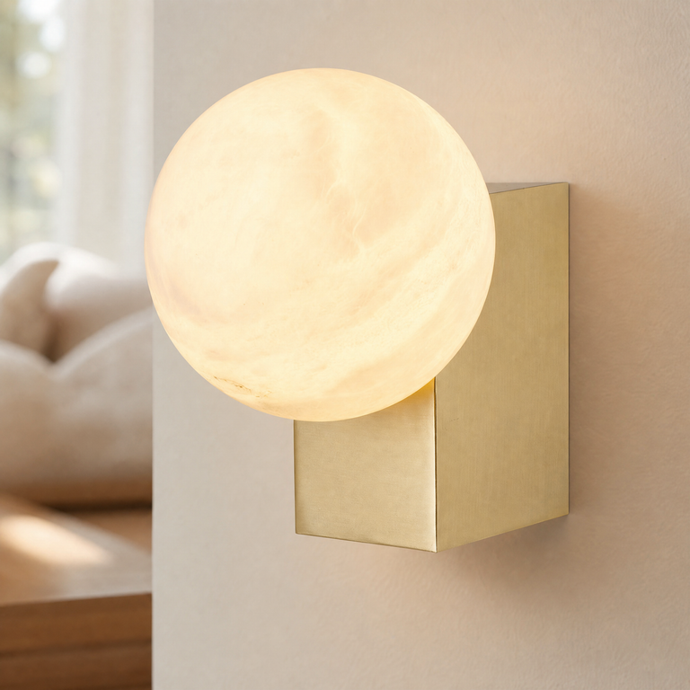 Rectangular Plate Corner Orb Alabaster Wall Sconce by Dalmivik, complete fixture view