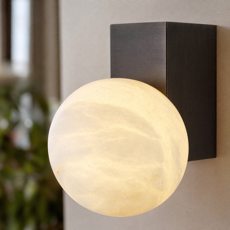 Rectangular Plate Corner Orb Alabaster Wall Sconce by Dalmivik, product or room detail view