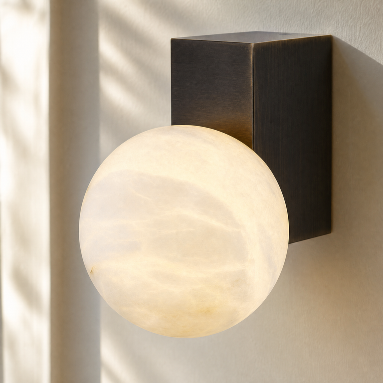 Rectangular Plate Corner Orb Alabaster Wall Sconce by Dalmivik, product or room detail view