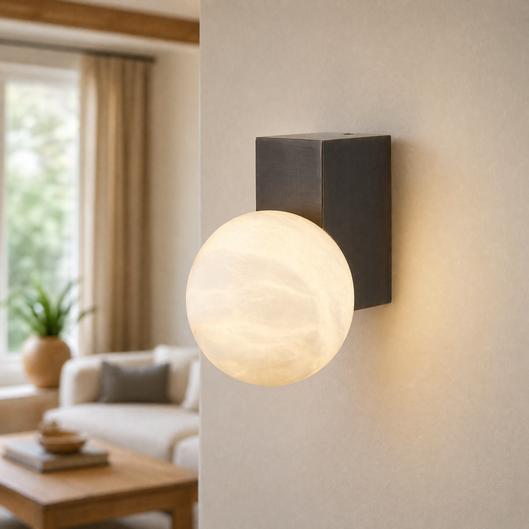 Rectangular Plate Corner Orb Alabaster Wall Sconce by Dalmivik, product or room detail view