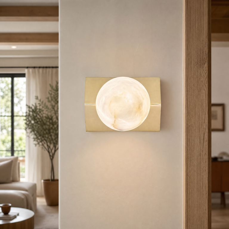 Rectangular Plate Front Orb Alabaster Wall Sconce by Dalmivik, product or room detail view