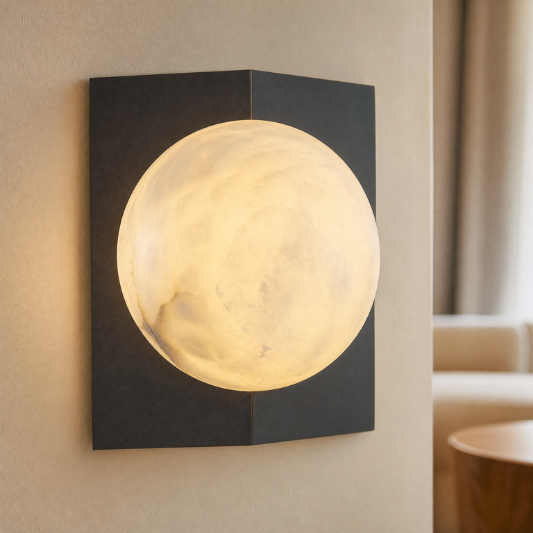 Rectangular Plate Front Orb Alabaster Wall Sconce by Dalmivik, product or room detail view