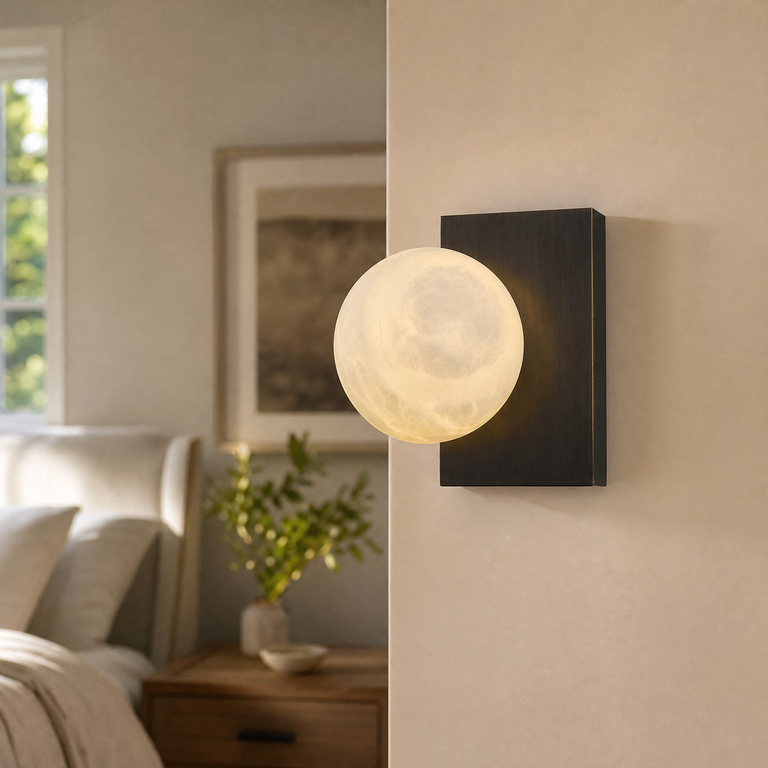 Rectangular Plate Side Orb Alabaster Wall Sconce by Dalmivik, product or room detail view