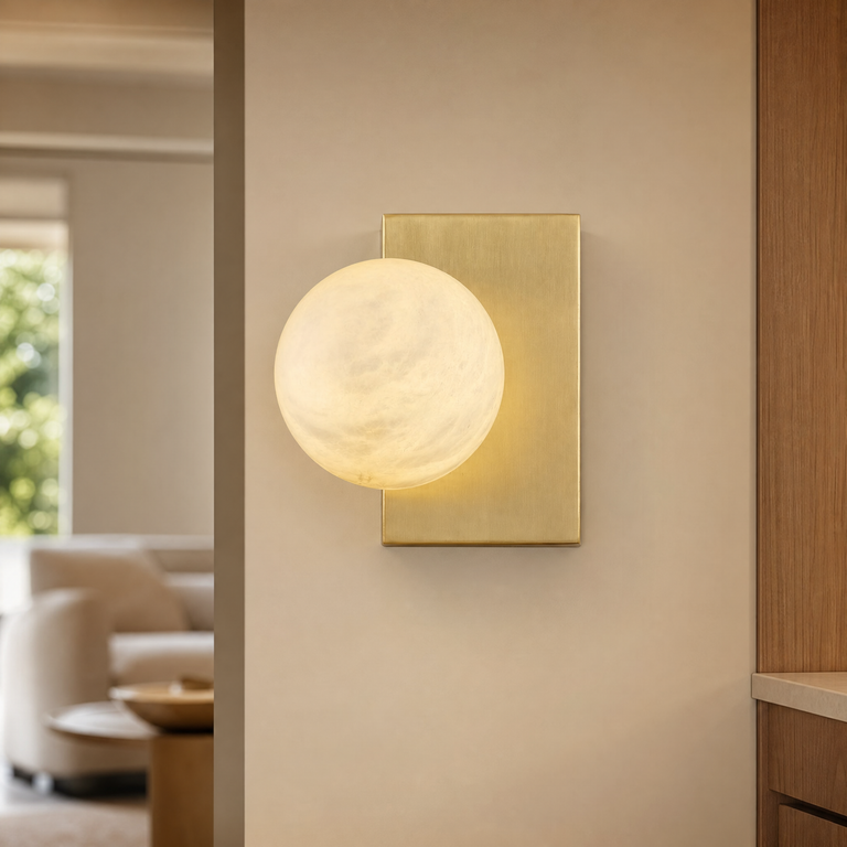 Rectangular Plate Side Orb Alabaster Wall Sconce by Dalmivik, product or room detail view