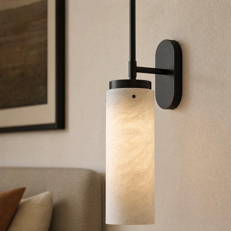 Rod Pendant Tall Drop Alabaster Black Wall Sconce by Dalmivik, complete fixture view