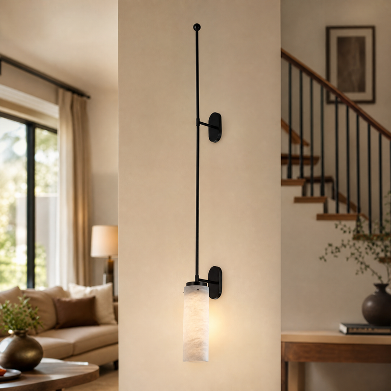 Rod Pendant Tall Drop Alabaster Black Wall Sconce by Dalmivik, complete fixture view