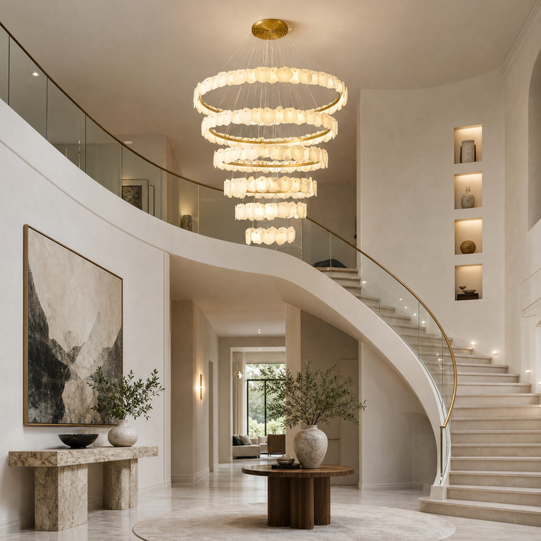 Spiral Alabaster Chandelier – Gold & White 4‑6 Layer Luxury Ceiling Light by Dalmivik, product or room detail view