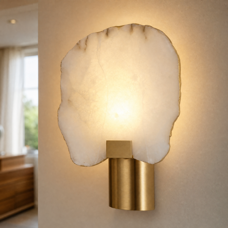Terra Slice Half Moon Alabaster Wall Sconce by Dalmivik, product or room detail view