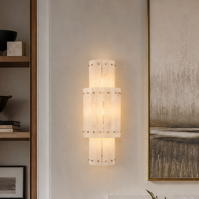 Vivian Alabaster Modern Tiered Wall Sconce by Dalmivik, product or room detail view