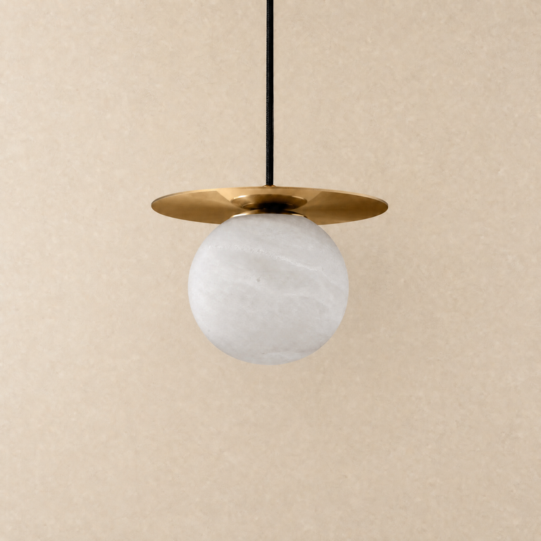 Orbita Alabaster Globe Pendant by Dalmivik, complete fixture view