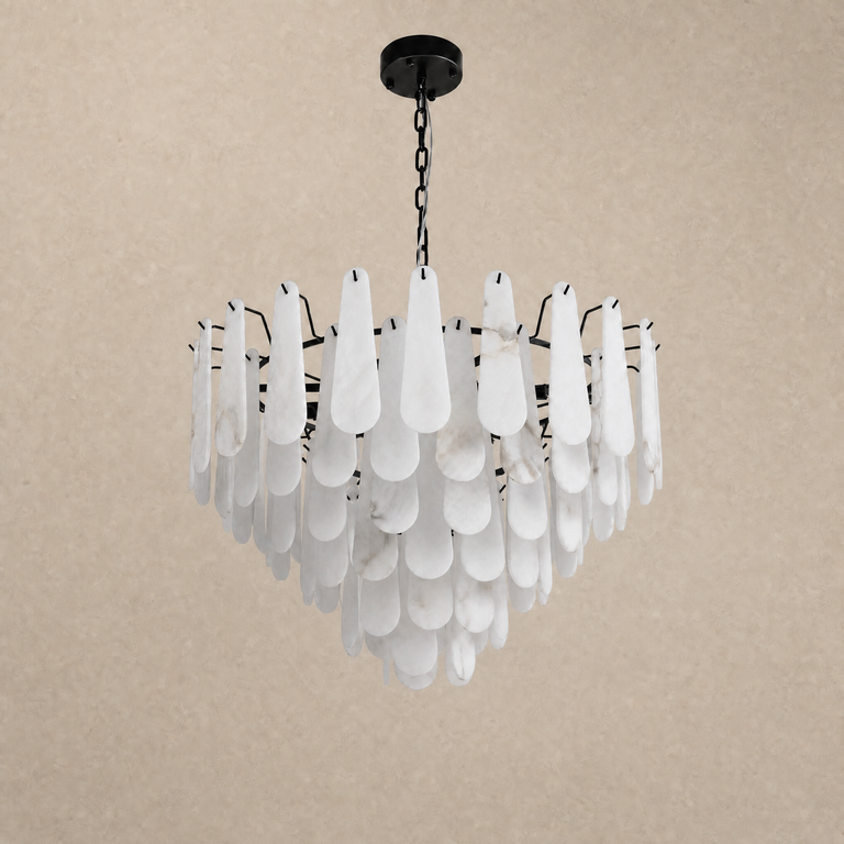 Olivia Alabaster Feather Round Pendant 31.5" D by Dalmivik, complete fixture view