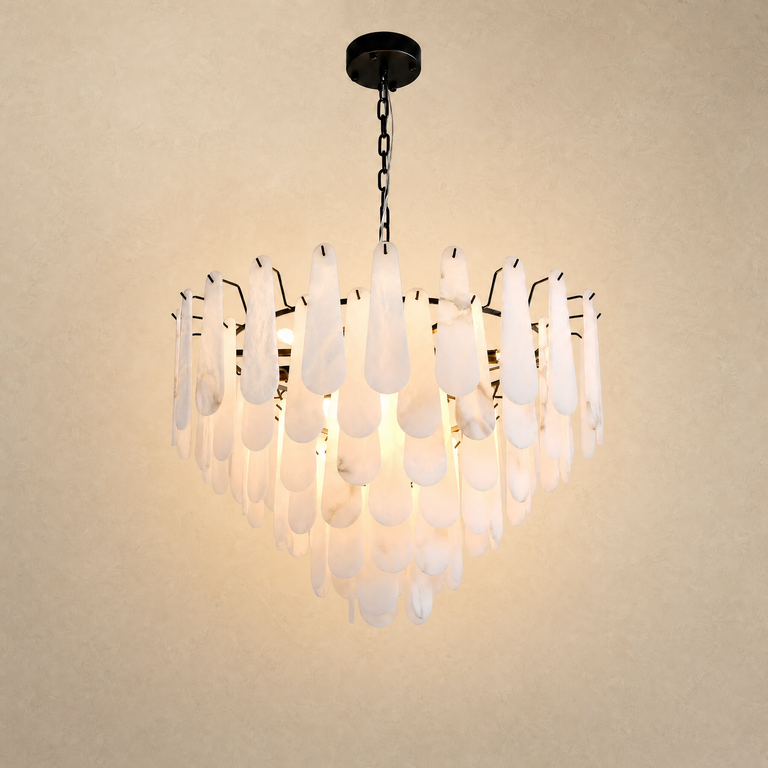 Olivia Alabaster Feather Round Pendant 31.5" D by Dalmivik, complete fixture view
