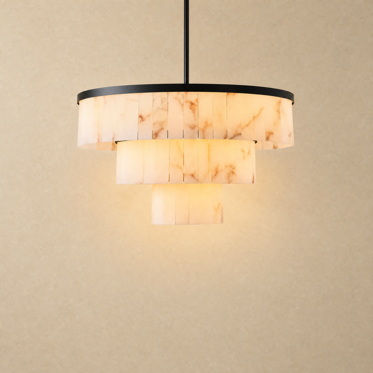 Hollis Three-Tier Alabaster Black Chandelier 34.3"D by Dalmivik, complete fixture view