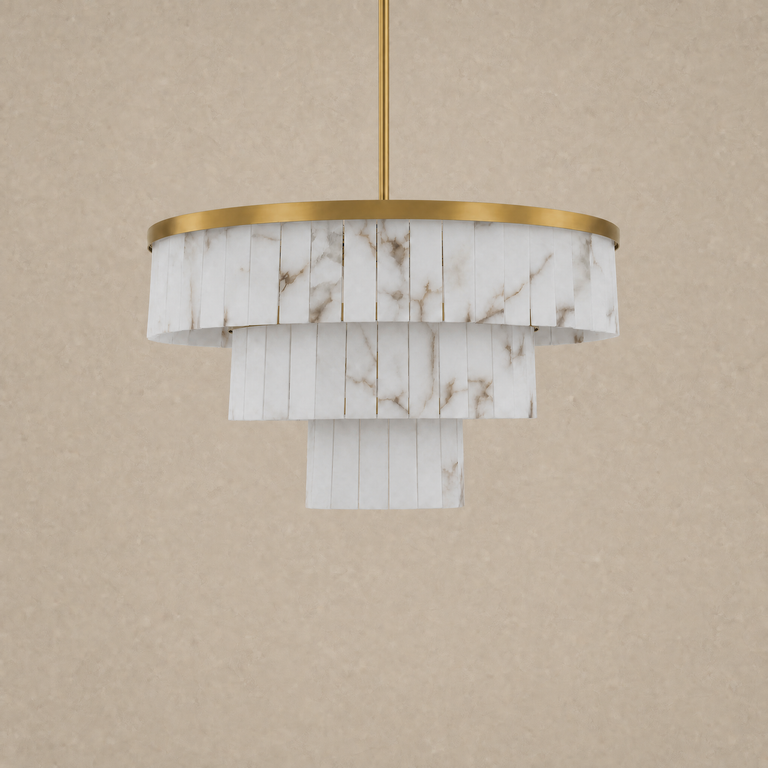 Hollis Three-Tier Alabaster Brass Chandelier 34.3"D by Dalmivik, complete fixture view