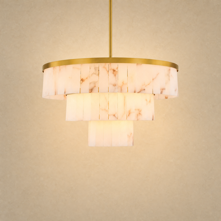 Hollis Three-Tier Alabaster Brass Chandelier 34.3"D by Dalmivik, complete fixture view