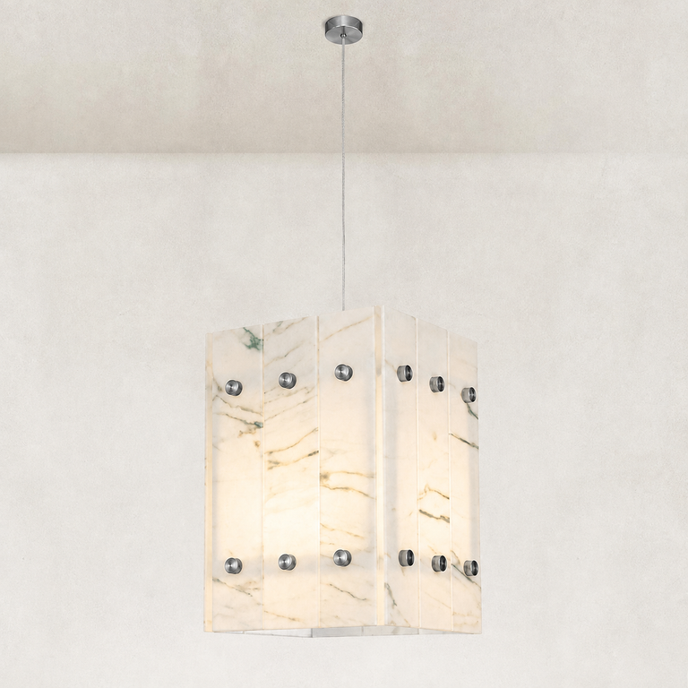 Ivory Veined Twelve-Panel Marble Lantern Pendant 13.8" in Chrome finish shown in full against a neutral background