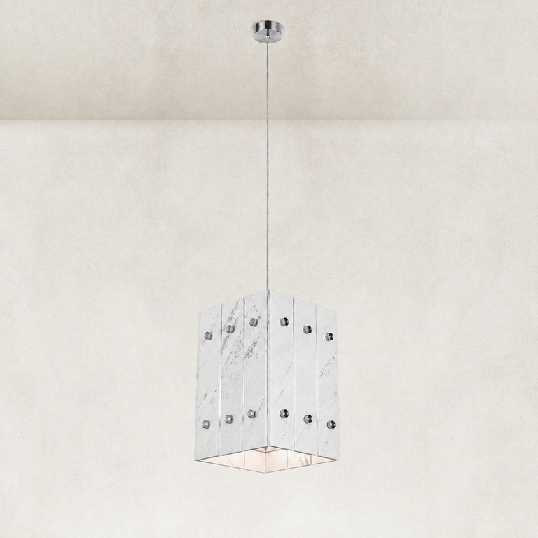 White Gray-Veined Twelve-Panel Marble Lantern Pendant 13.8" in Chrome finish shown in full against a neutral background