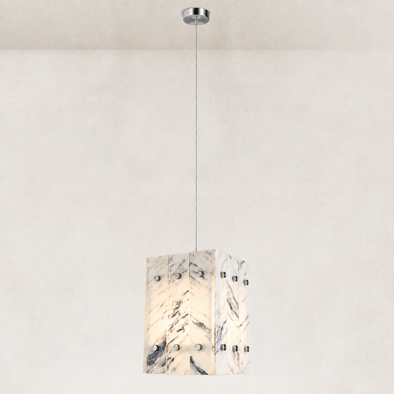 Graphic Vein Twelve-Panel Marble Lantern Pendant 13.8" in Chrome finish shown in full against a neutral background
