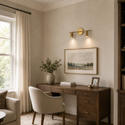 Brass twin-cylinder picture light illuminating artwork in an office