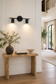 Vertical artwork scene with the matte-black twin-cylinder picture light