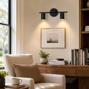 Matte-black twin-cylinder picture light above framed artwork